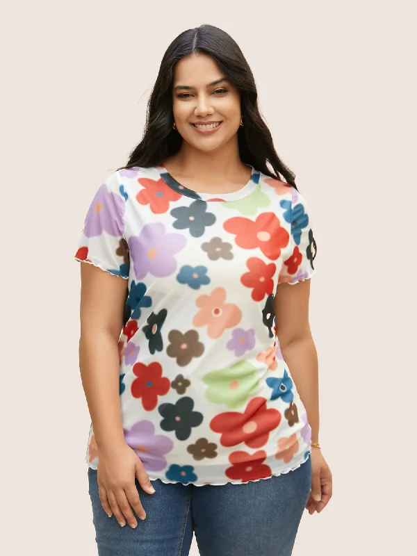 Round Neck Colored Floral Mesh T-shirt