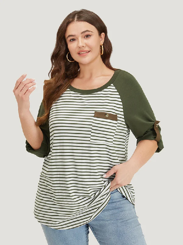 Striped Patchwork Patched Pocket Raglan Sleeve T-shirt