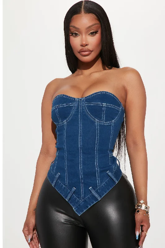 Tensions High Asymmetrical Denim Corset Top - Medium Blue Wash