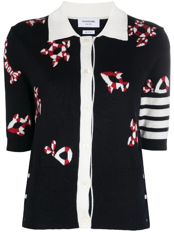 4-Bar Intarsia Knit Polo Cardigan