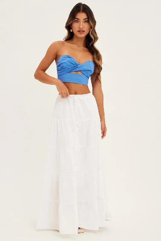 White Maxi Skirt Elastic Waist Tiered