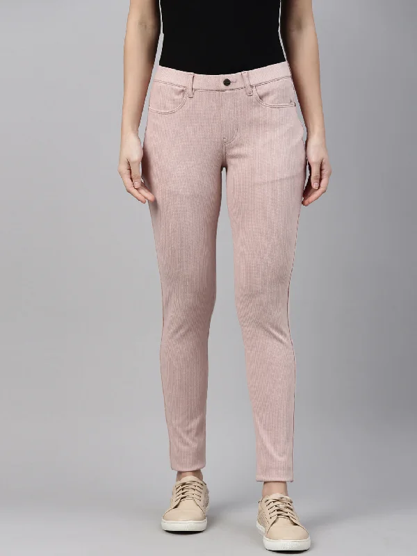 Women Medium Pink Stripe Printed Jeggings