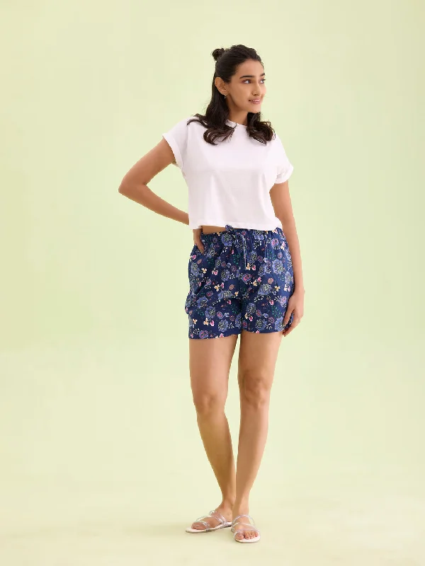 Women Printed Blue Cotton Knit Lounge Shorts