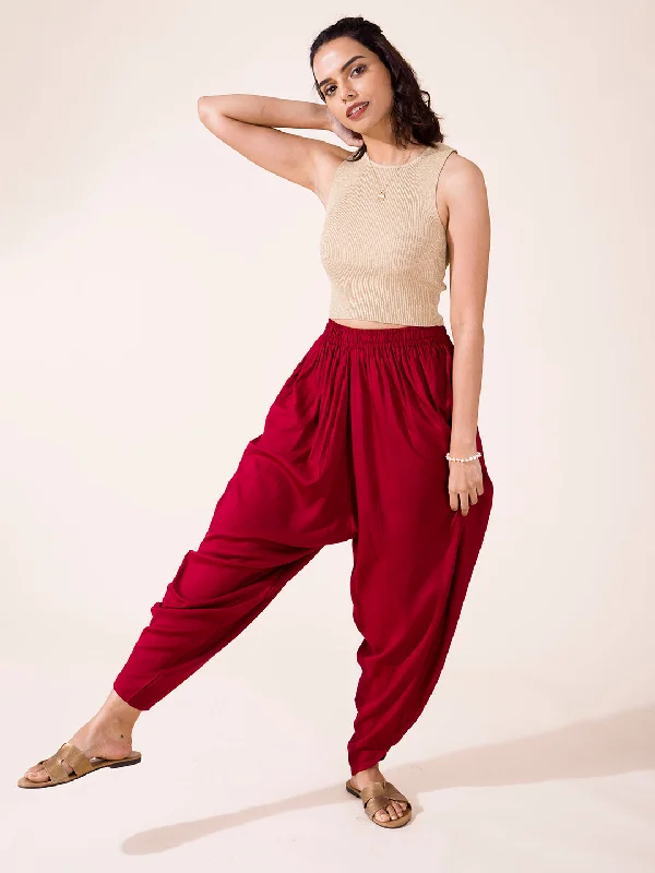 women-solid-maroon-viscose-harem-dhoti-pants