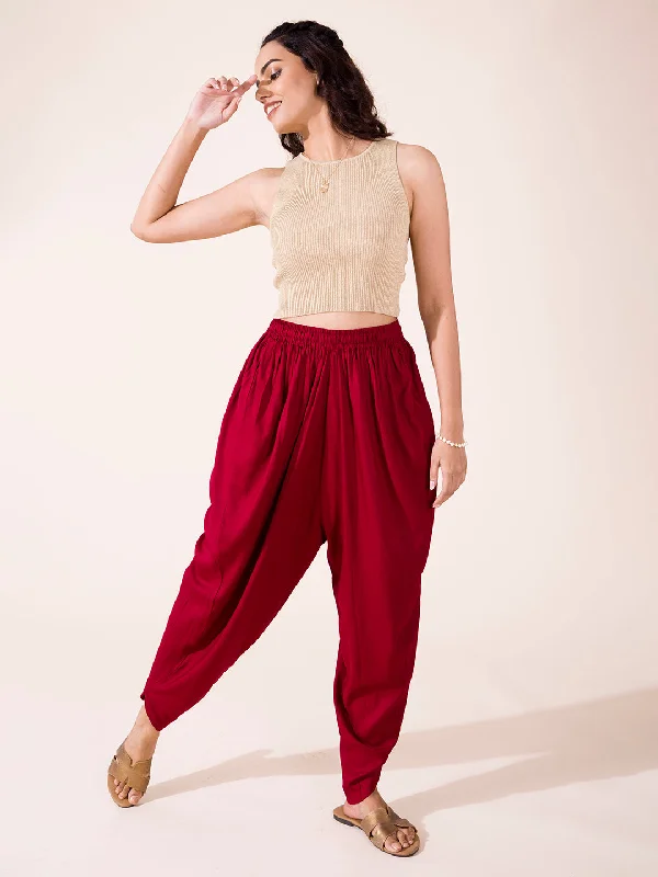 women-solid-maroon-viscose-harem-dhoti-pants