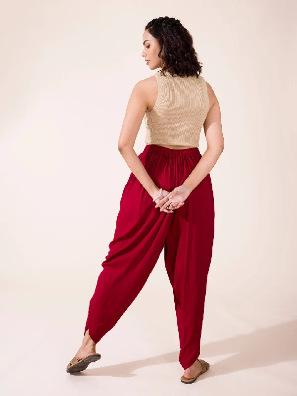 women-solid-maroon-viscose-harem-dhoti-pants