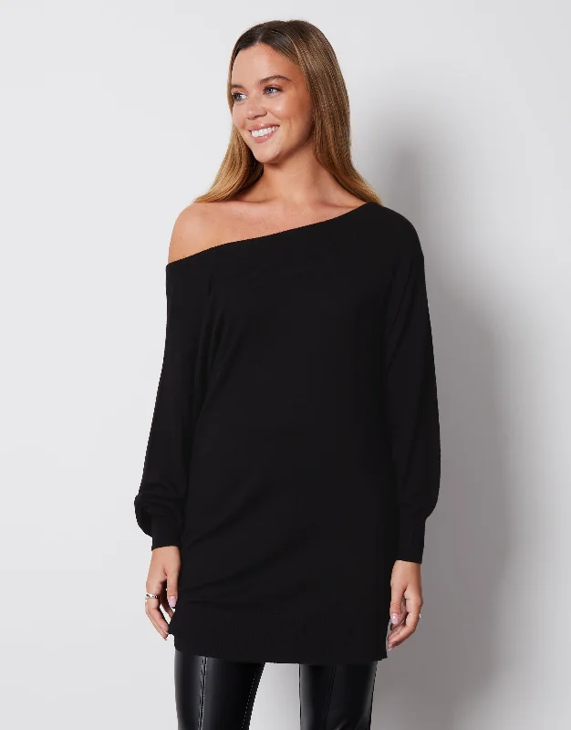 Women's Black Soft Balloon Sleeve Slash Neck Tunic Jumper