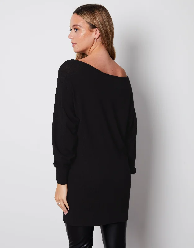 womens-black-soft-balloon-sleeve-slash-neck-knitted-ladies-tunic-jumper-tbli07709