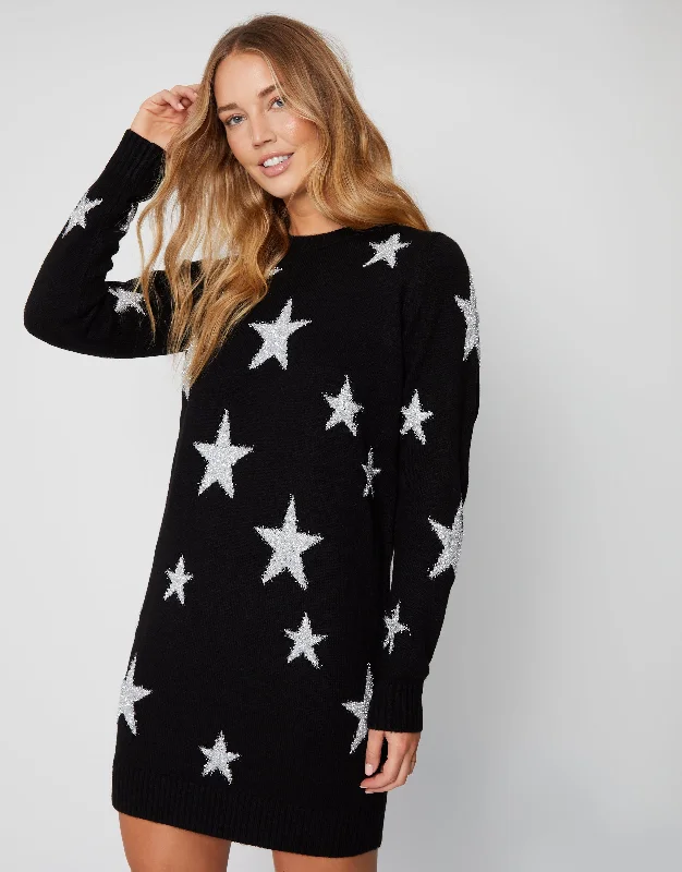 womens-black-tinsel-star-long-sleeve-ladies-knitted-jumper-dress-tbli08333