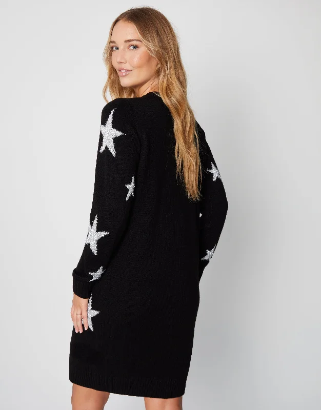 womens-black-tinsel-star-long-sleeve-ladies-knitted-jumper-dress-tbli08333